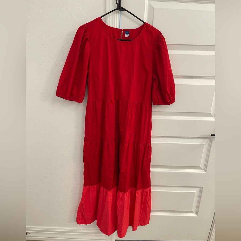 Old Navy Red & Pink Color Block Dress w/Puff Sleeves